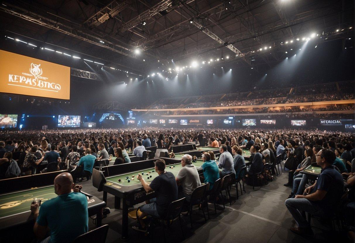 A bustling arena with players engaged in intense matches, surrounded by vendors, judges, and spectators, creating a vibrant and lively atmosphere for MTG events