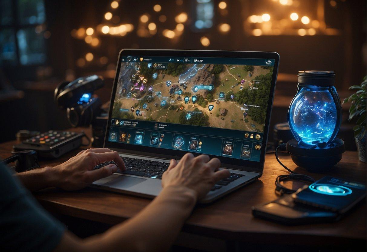 A player's hand hovers over a keyboard, navigating through an online guide for MTG Arena. The screen displays detailed game formats and strategies